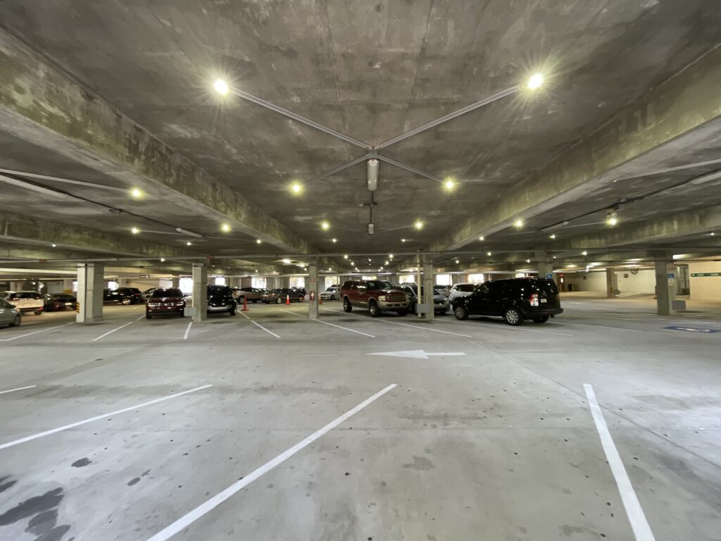 Parking garage with overhead LED lighting
