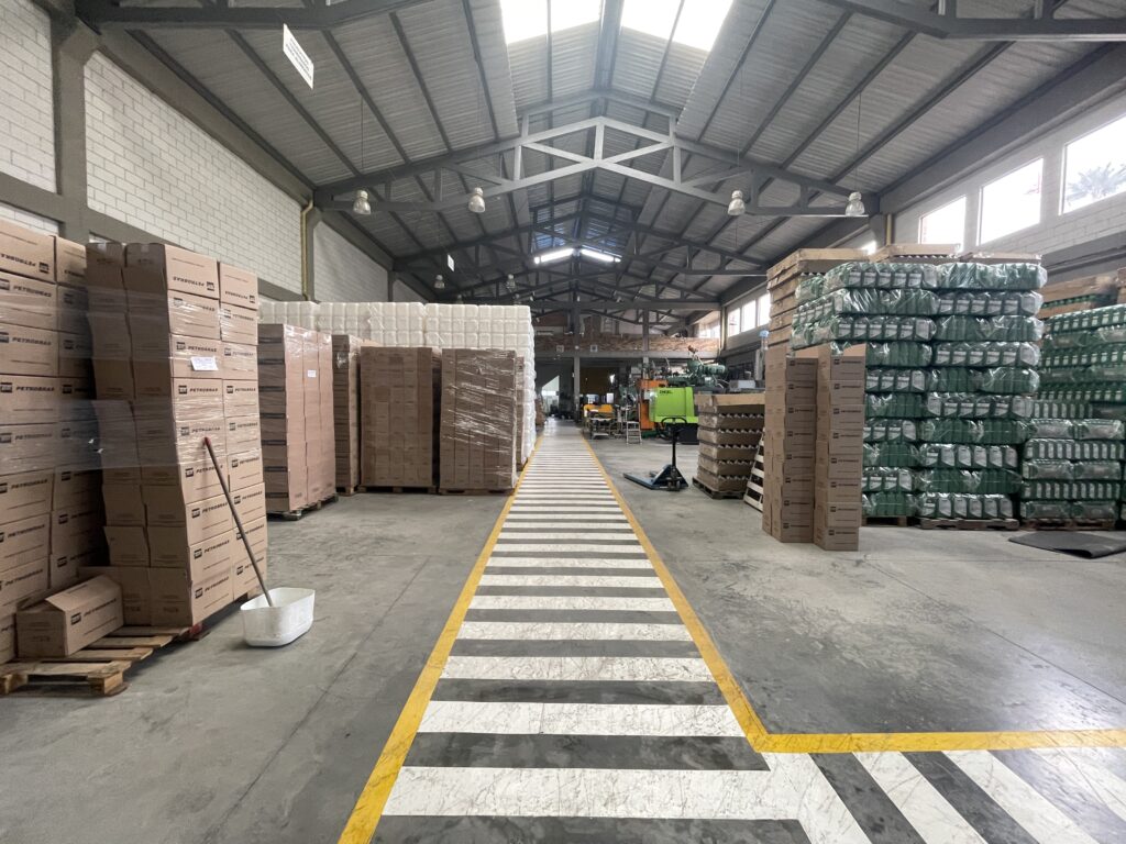 Warehouse interior with LED high bay fixtures