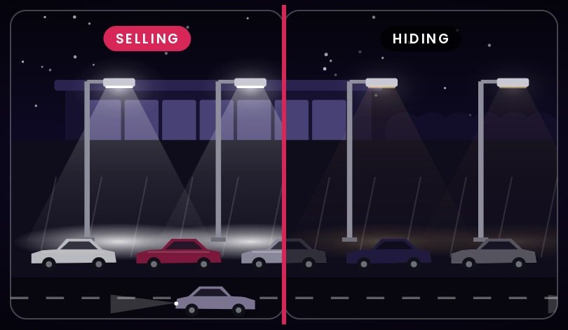 Illustration of a car dealership lot at night under LED pole lights
