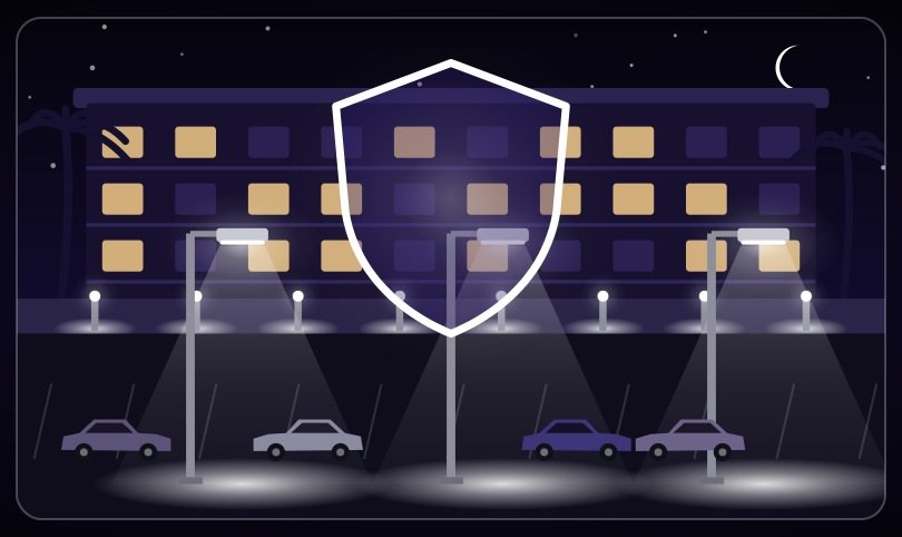 Illustration of an apartment community parking lot lit at night