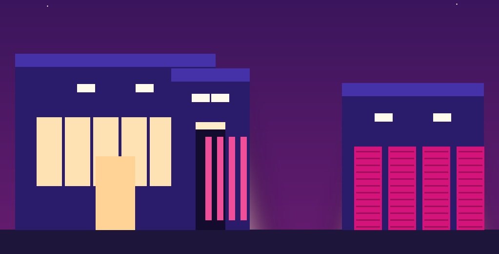Illustration of small business storefronts lit at night