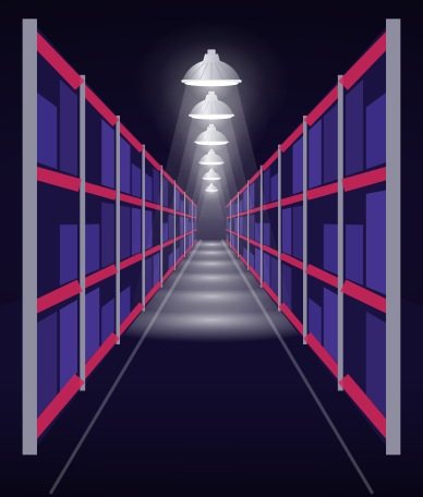 Illustration of a warehouse aisle lit by LED high bays